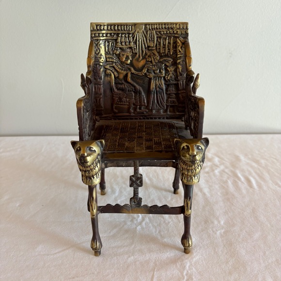 Vintage Egyptian Revival Brass Chair Miniature Throne Lion Head Figurine Display - Picture 1 of 12